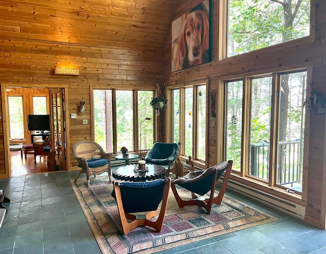interior space featuring high vaulted ceiling, wooden walls, and a wealth of natural light