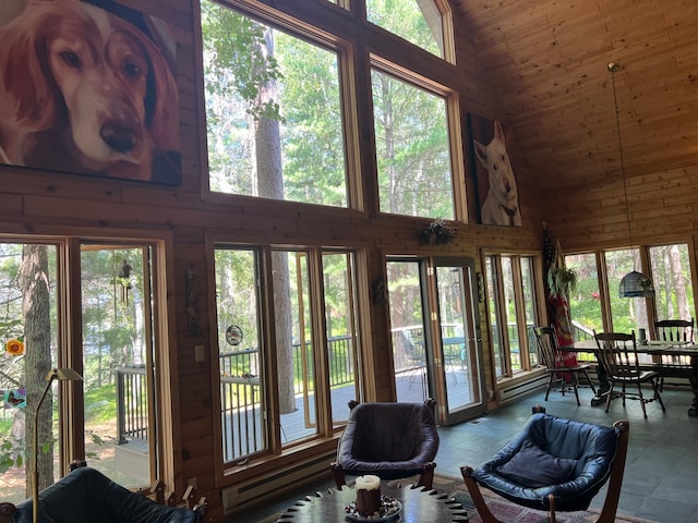 interior space featuring wood ceiling, a healthy amount of sunlight, high vaulted ceiling, and wooden walls