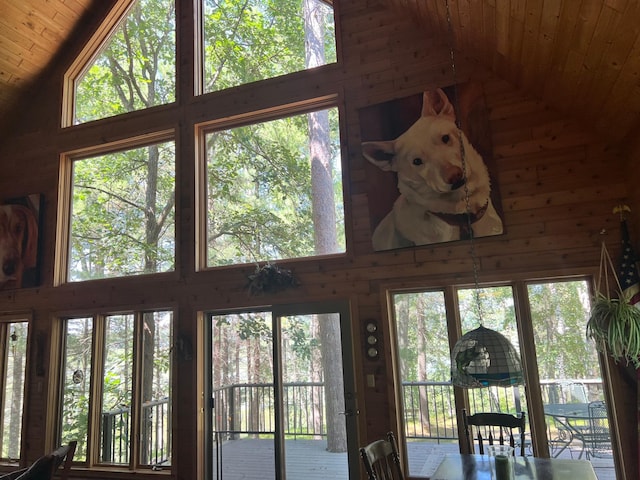room details with wood walls and wooden ceiling