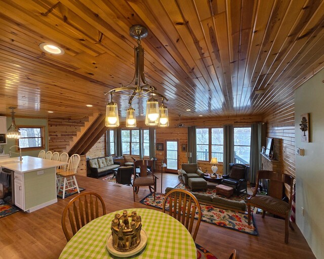 dining area featuring wood ceiling, wood finished floors, and plenty of natural light