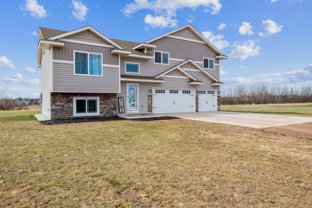 view of front facade with driveway, stone siding, a garage, board and batten siding, and a front yard