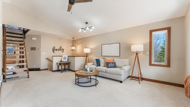12468 Hermosa Beach Rd NW, Alexandria, MN 56308 - living area with carpet flooring, baseboards, vaulted ceiling, ceiling fan, and stairs