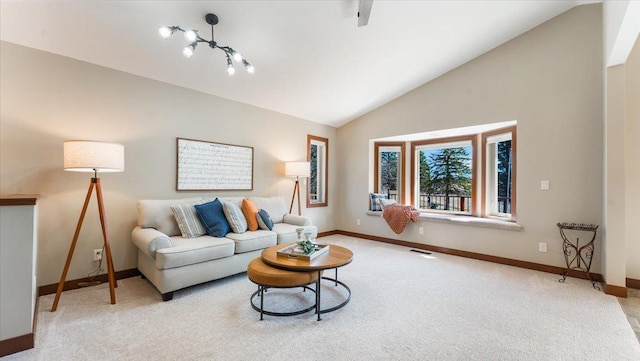 12468 Hermosa Beach Rd NW, Alexandria, MN 56308 - living area with baseboards, carpet flooring, and high vaulted ceiling