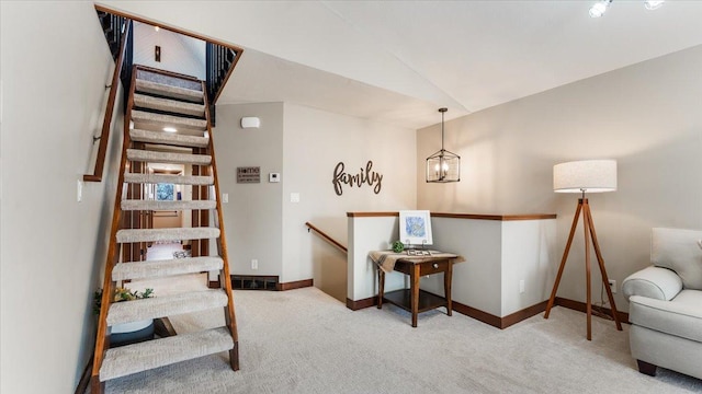 12468 Hermosa Beach Rd NW, Alexandria, MN 56308 - stairway featuring carpet floors, baseboards, and lofted ceiling