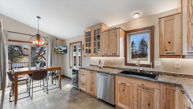 12468 Hermosa Beach Rd NW, Alexandria, MN 56308 - kitchen with stainless steel dishwasher, light brown cabinets, a sink, wine cooler, and lofted ceiling
