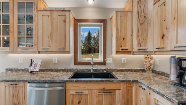 12468 Hermosa Beach Rd NW, Alexandria, MN 56308 - kitchen featuring dishwasher, a sink, light brown cabinets, and glass insert cabinets