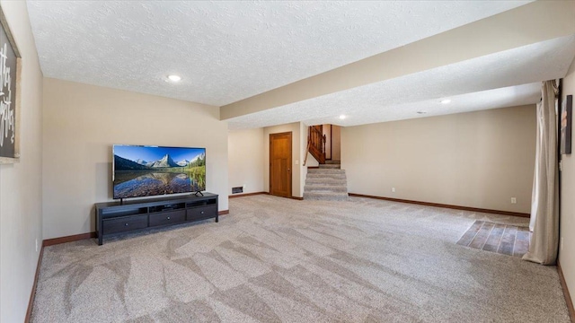12468 Hermosa Beach Rd NW, Alexandria, MN 56308 - unfurnished living room featuring carpet flooring, stairway, baseboards, a textured ceiling, and recessed lighting