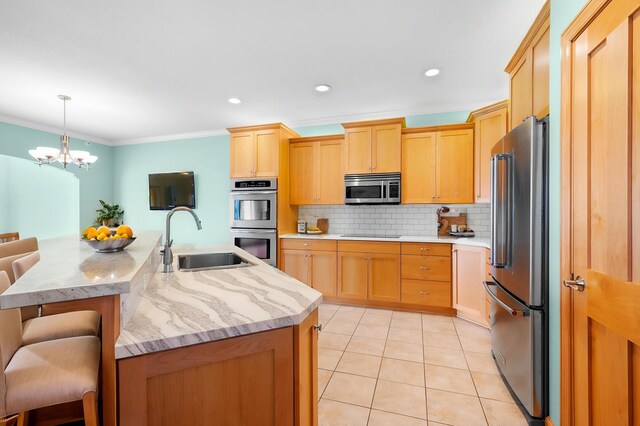 200 Michigan St Unit 1, Lake City, MN 55041 - kitchen with crown molding, a sink, stainless steel appliances, backsplash, and a notable chandelier
