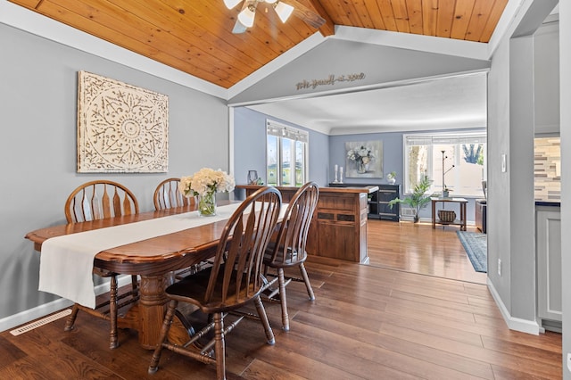 dining room featuring lofted ceiling, a ceiling fan, wood finished floors, wooden ceiling, and baseboards