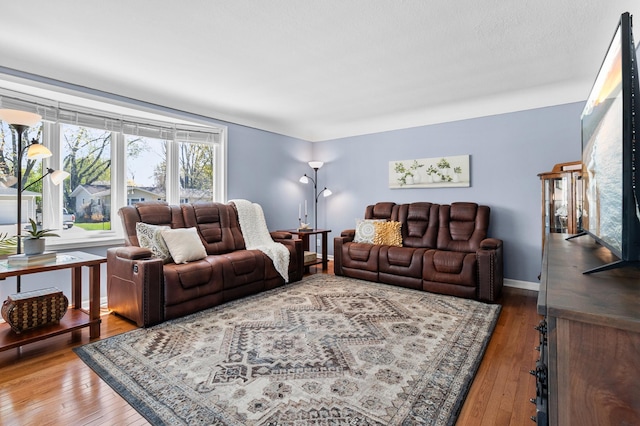 living area with hardwood / wood-style floors and baseboards