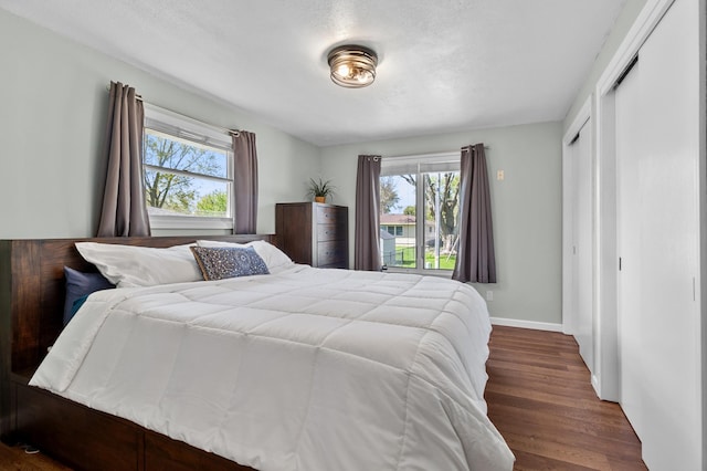 bedroom with multiple windows, wood finished floors, baseboards, and a closet