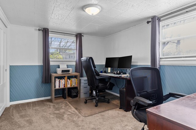 carpeted office featuring wainscoting, crown molding, and baseboards