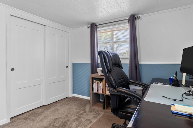 carpeted office space with a wainscoted wall and baseboards