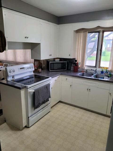 106 Mcphail Ave N, Caledonia, MN 55921 - kitchen with stainless steel microwave, white electric range, a sink, dark countertops, and light flooring