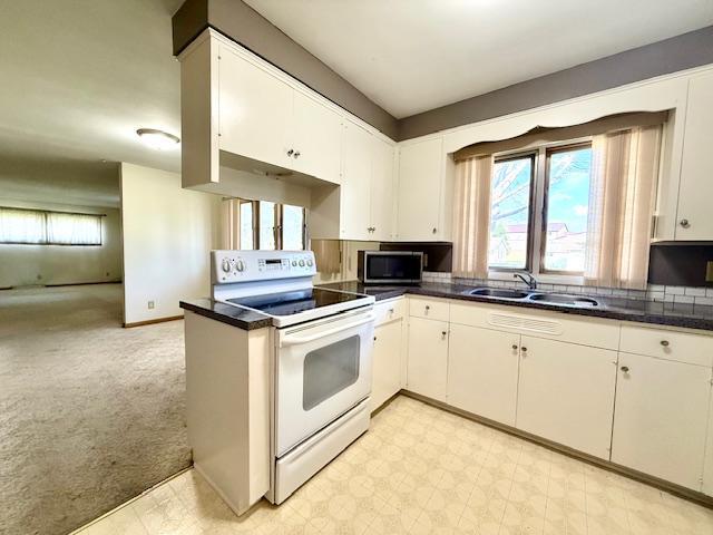106 Mcphail Ave N, Caledonia, MN 55921 - kitchen with white range with electric stovetop, dark countertops, and stainless steel microwave