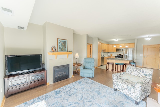 630 Main St N Unit 308, Stillwater, MN 55082 - living area featuring a fireplace, light wood-type flooring, and visible vents