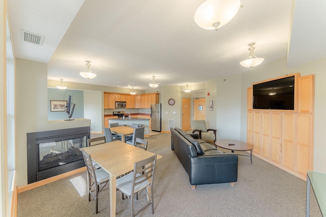 630 Main St N Unit 308, Stillwater, MN 55082 - living area with visible vents, a multi sided fireplace, and light colored carpet