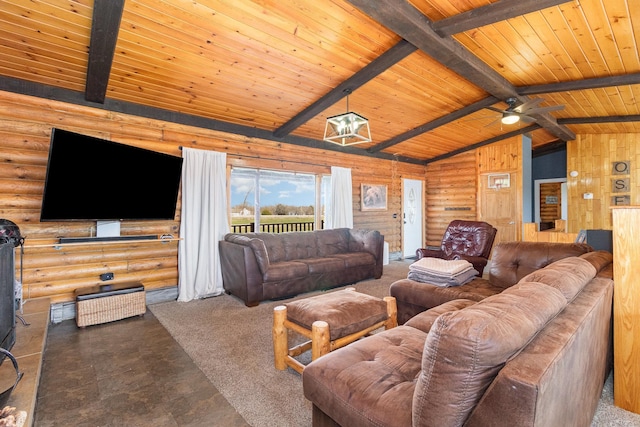 living room featuring wood ceiling, log walls, and vaulted ceiling with beams