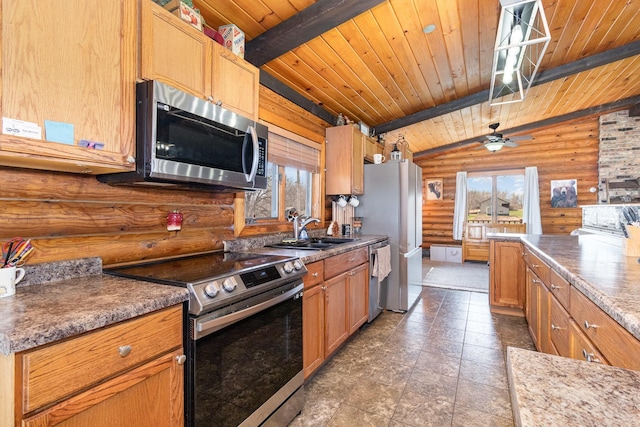 kitchen featuring wood ceiling, log walls, a sink, and appliances with stainless steel finishes