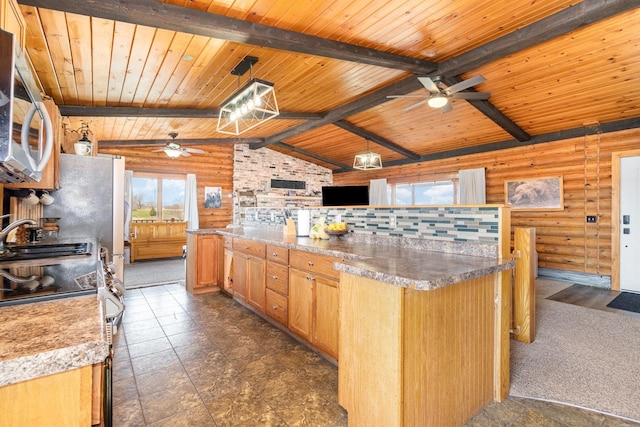kitchen featuring wood ceiling, lofted ceiling with beams, a ceiling fan, and rustic walls