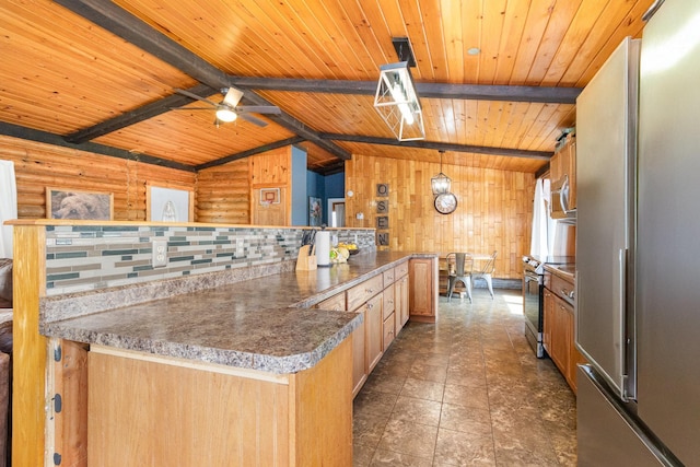 kitchen with a ceiling fan, lofted ceiling with beams, stainless steel appliances, wooden ceiling, and wood walls