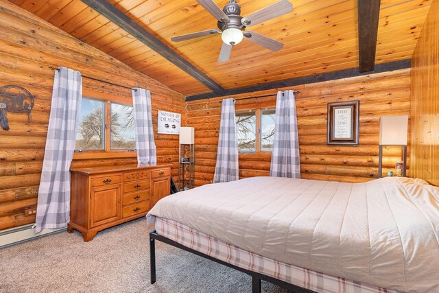 bedroom featuring rustic walls, vaulted ceiling with beams, wood ceiling, and light carpet