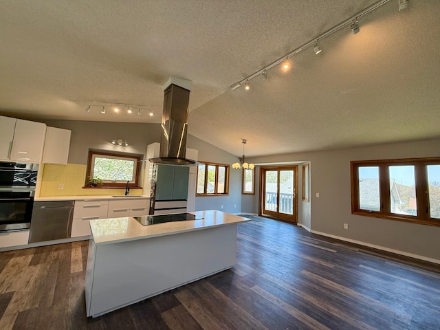 14303 Utica Ave, Savage, MN 55378 - kitchen with rail lighting, black electric cooktop, stainless steel dishwasher, dark wood-type flooring, and a textured ceiling