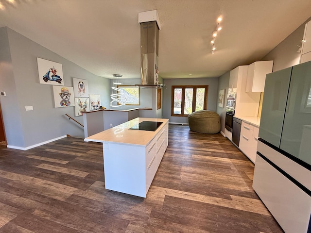 14303 Utica Ave, Savage, MN 55378 - kitchen featuring black appliances, light countertops, white cabinets, dark wood finished floors, and lofted ceiling