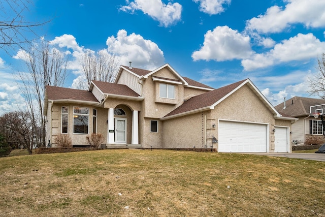 view of front of house with aphalt driveway, stucco siding, a front yard, an attached garage, and a shingled roof