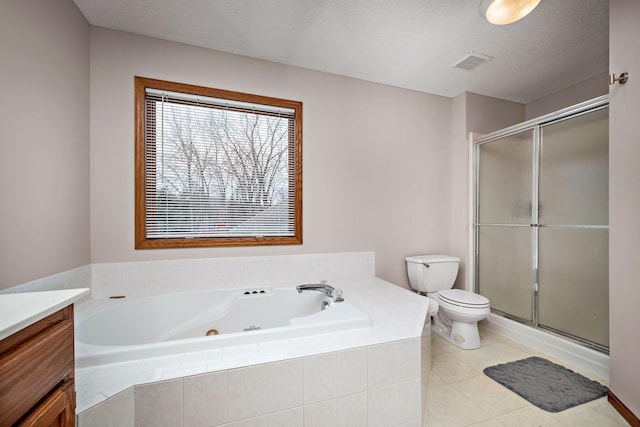 full bath with toilet, a stall shower, vanity, and a tub with jets