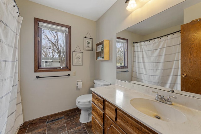 full bathroom with a healthy amount of sunlight, stone finish flooring, vanity, and toilet