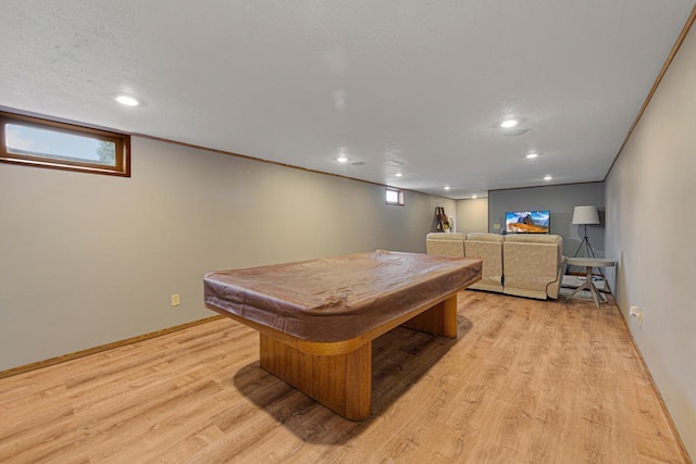 recreation room with recessed lighting, light wood-type flooring, pool table, and baseboards