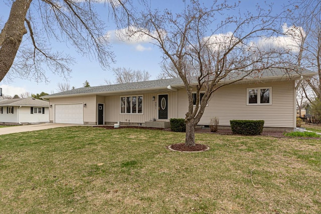 ranch-style home with a garage, a front lawn, and concrete driveway