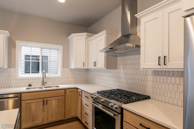kitchen with a sink, light countertops, wall chimney exhaust hood, and stainless steel appliances