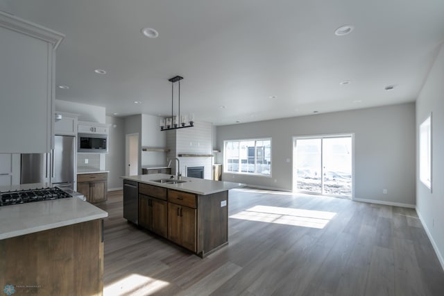 kitchen featuring dishwasher, a sink, a large fireplace, light wood-style flooring, and built in microwave