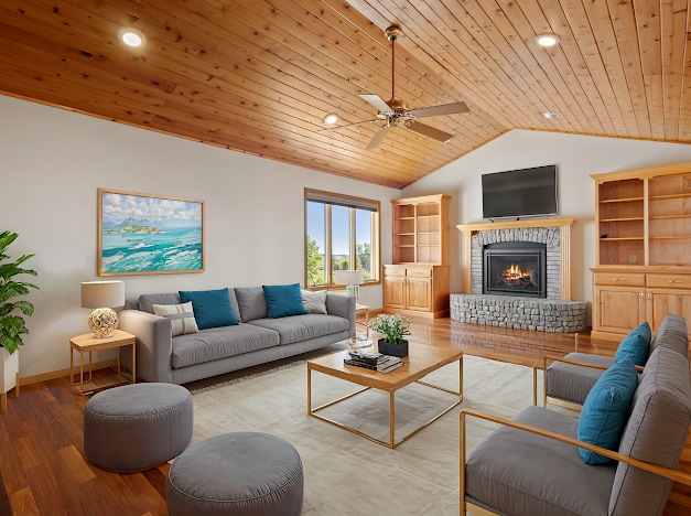 living area featuring ceiling fan, a fireplace, vaulted ceiling, wooden ceiling, and wood finished floors