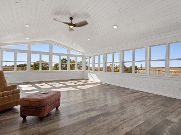 sunroom / solarium with recessed lighting, wood ceiling, vaulted ceiling, and wood finished floors