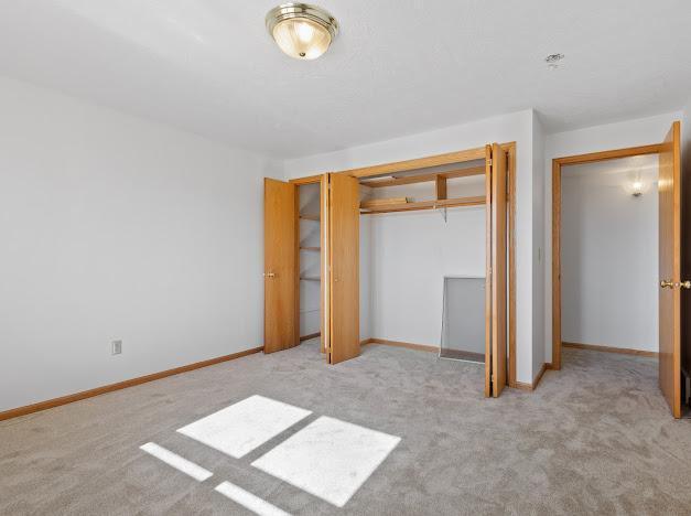 unfurnished bedroom with a closet, carpet flooring, and baseboards