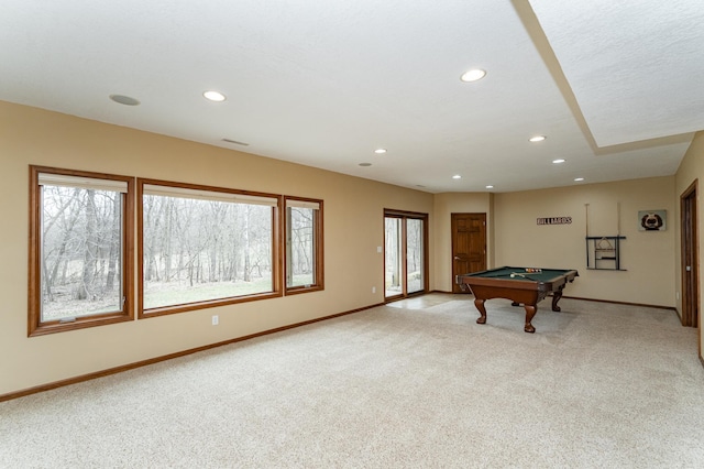 1125 Riverwood Dr SW, Oronoco, MN 55960 - rec room featuring baseboards, light carpet, recessed lighting, and billiards