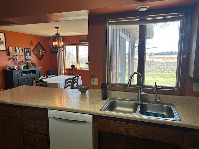 kitchen with a sink, plenty of natural light, a peninsula, and white dishwasher