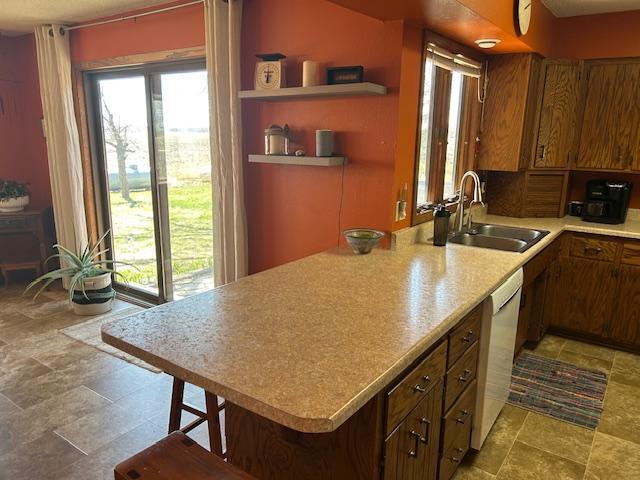 kitchen featuring brown cabinets, light countertops, dishwasher, and a sink