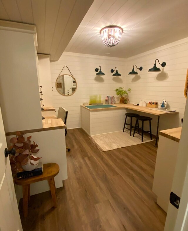 interior space with wood ceiling and dark wood finished floors
