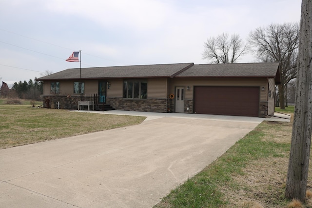single story home featuring a garage, stone siding, driveway, and a front lawn