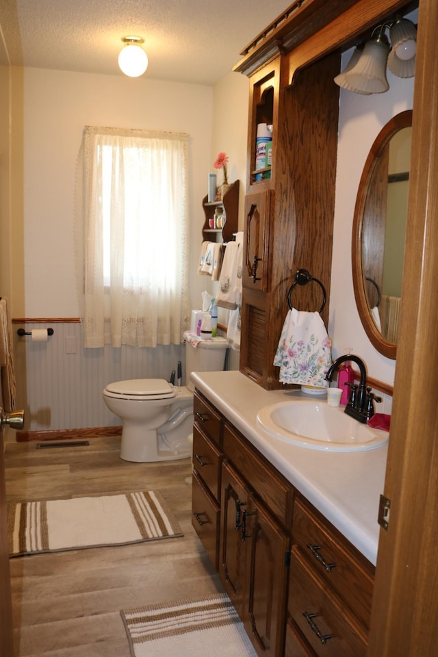 bathroom featuring toilet, vanity, wood finished floors, and wainscoting