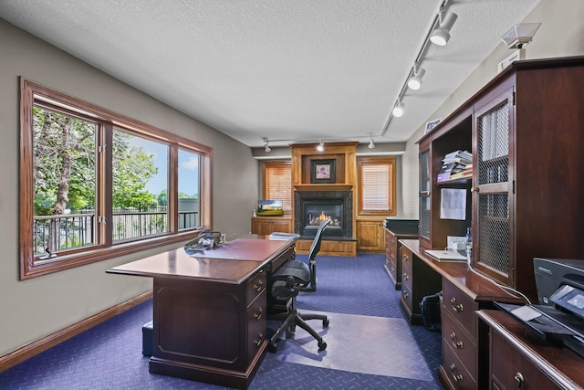 office space featuring baseboards, dark colored carpet, a textured ceiling, a fireplace, and rail lighting