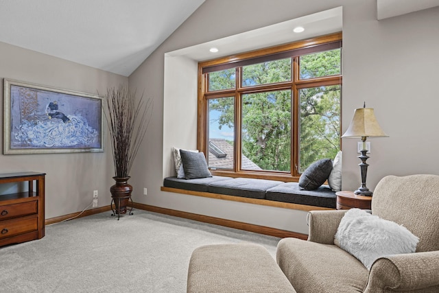 sitting room with baseboards, recessed lighting, carpet, and lofted ceiling