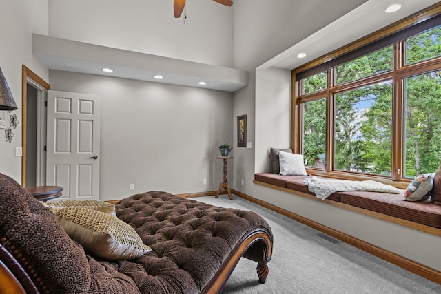 bedroom with recessed lighting, baseboards, visible vents, and carpet floors