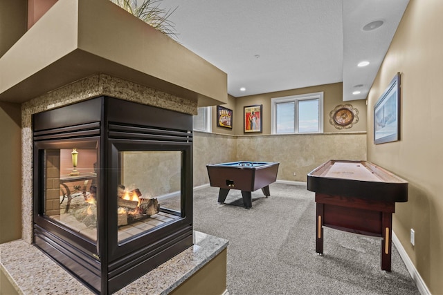 game room with recessed lighting, pool table, baseboards, and carpet floors