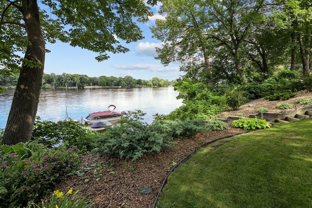 property view of water with a dock