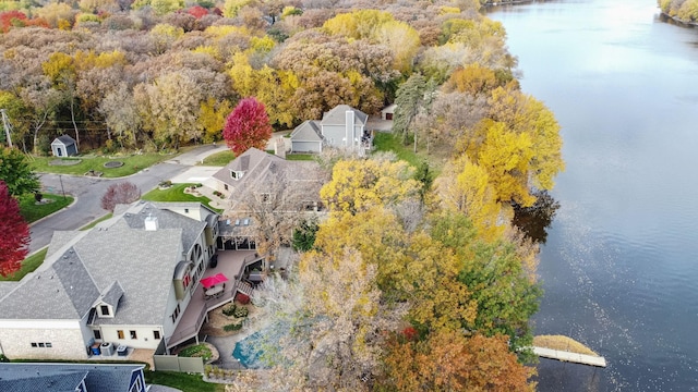 aerial view featuring a water view and a residential view